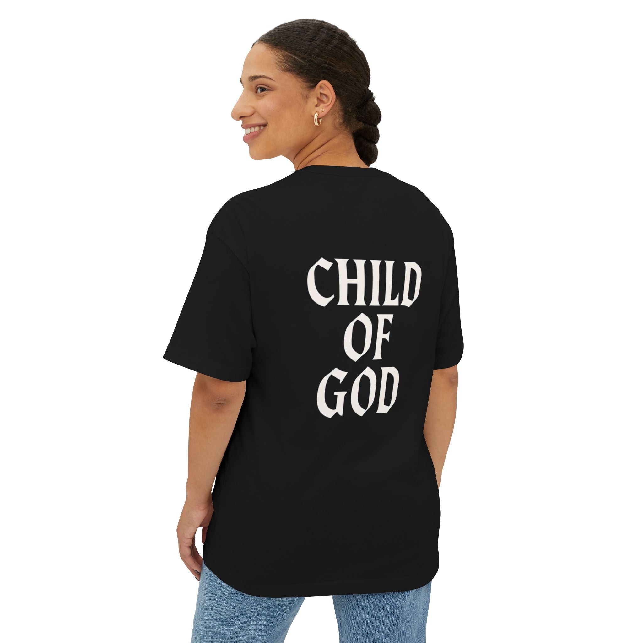 Child of God Oversized Tee — Minimal Front Logo, Bold Back Scripture T-Shirt